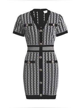 Milly Black & White Scallop Textured V-Neck Knit Minidress - Large NWT